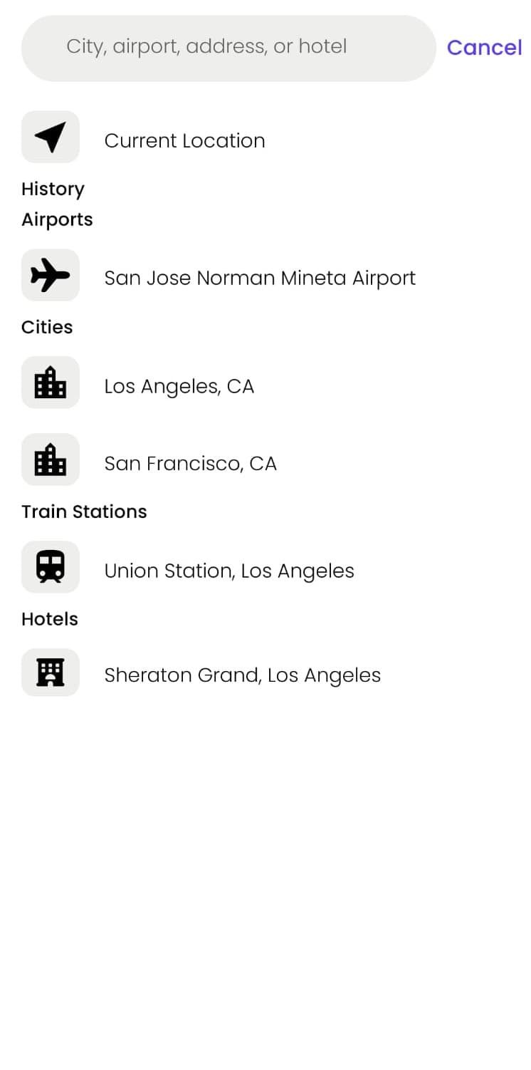 Car rental app location search listing airports, cities, train stations and hotels
