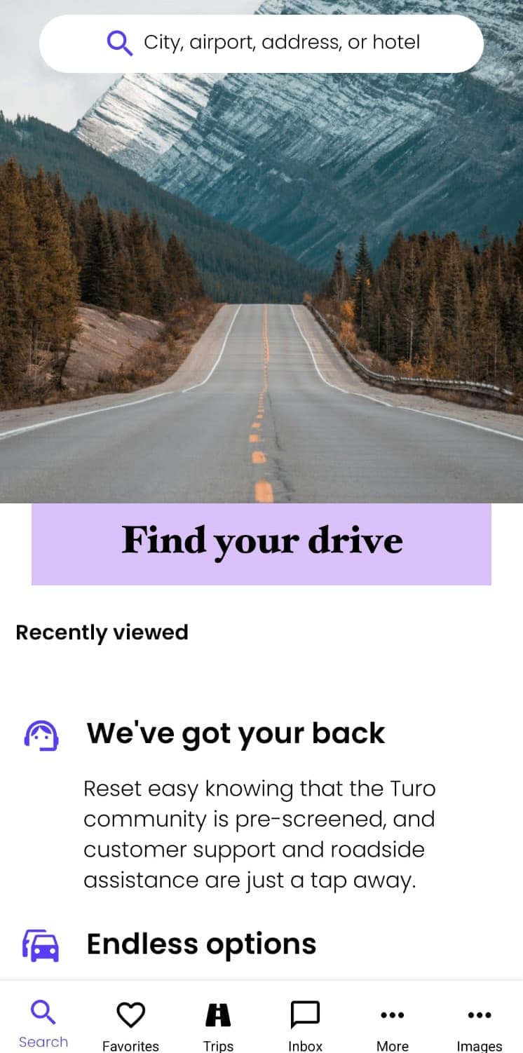Car rental app home screen with location search and recently viewed cars