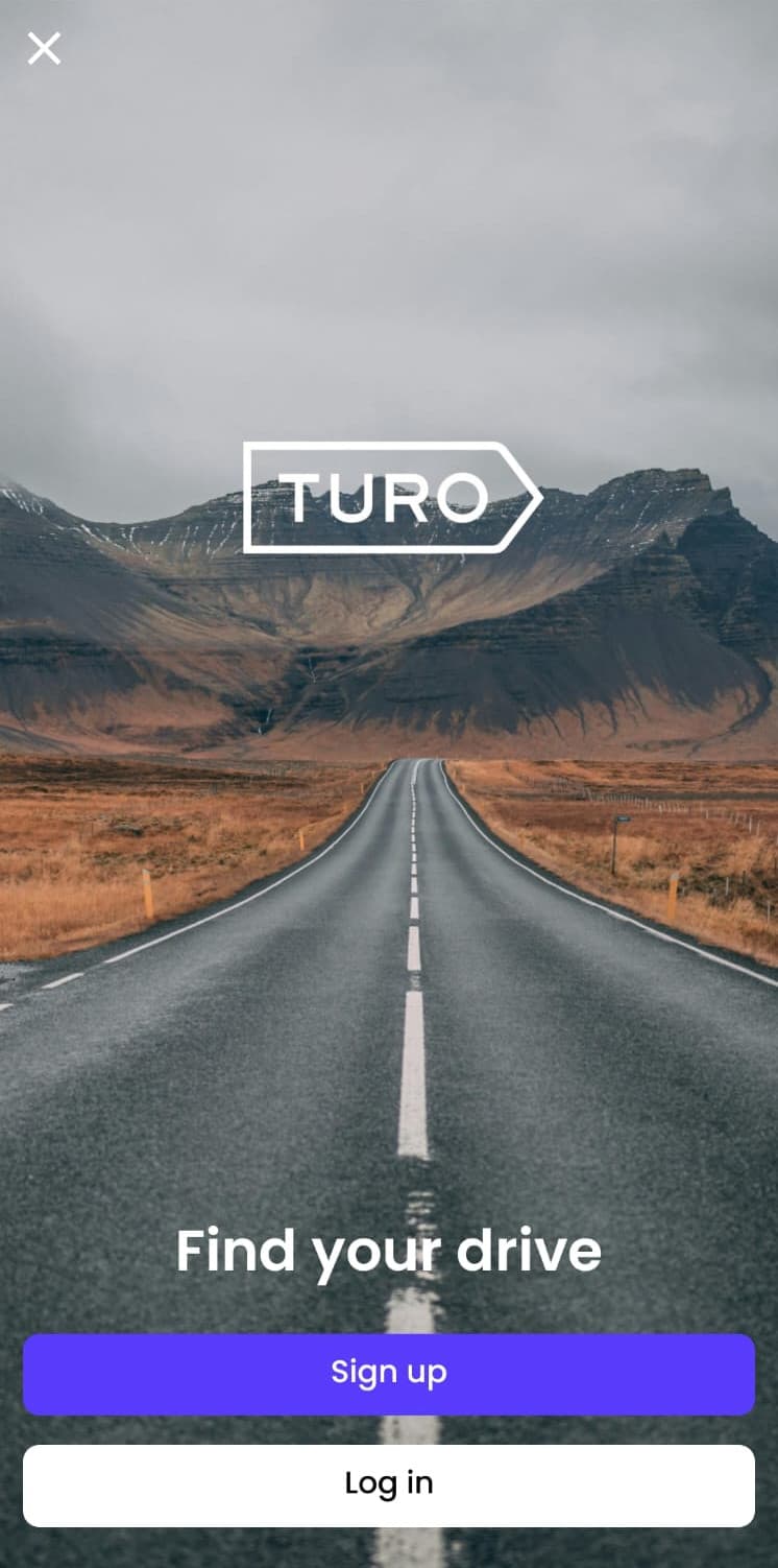 Car rental app welcome screen with sign-up and log-in